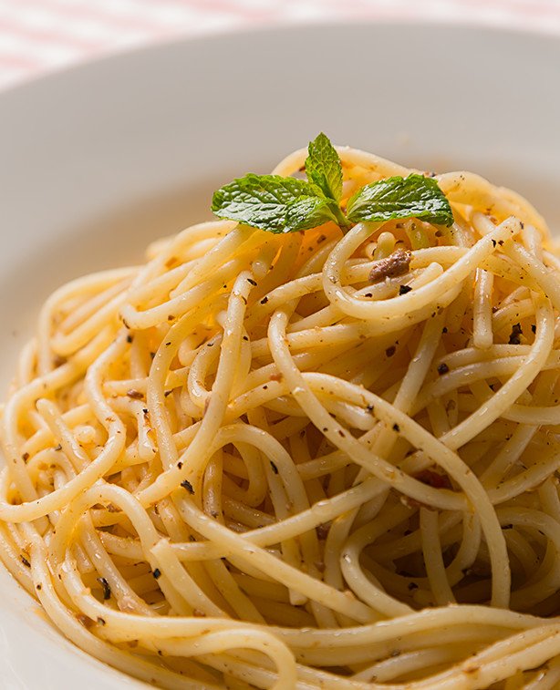 Spaghetti à la moutarde, échalottes