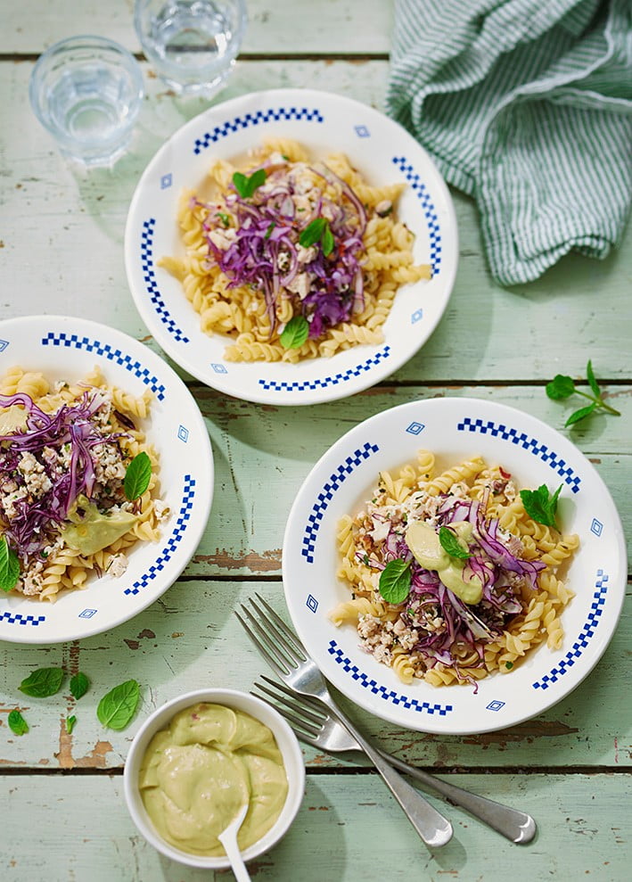 Torsades au poulet, chou rouge en salade, crème à l’avocat