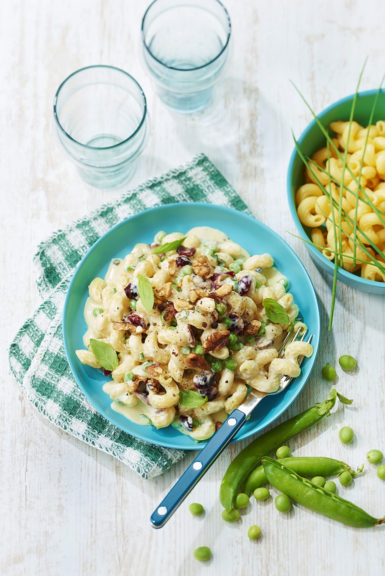 Serpentins au Roquefort, petits pois et cranberries