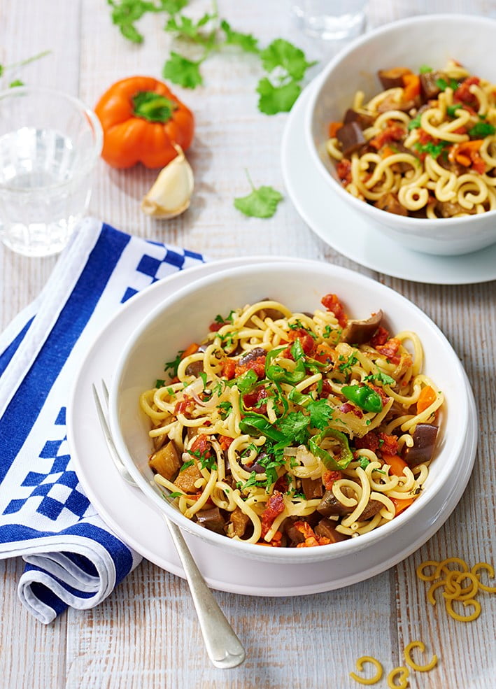 Spaghetti courts au chorizo et aubergine